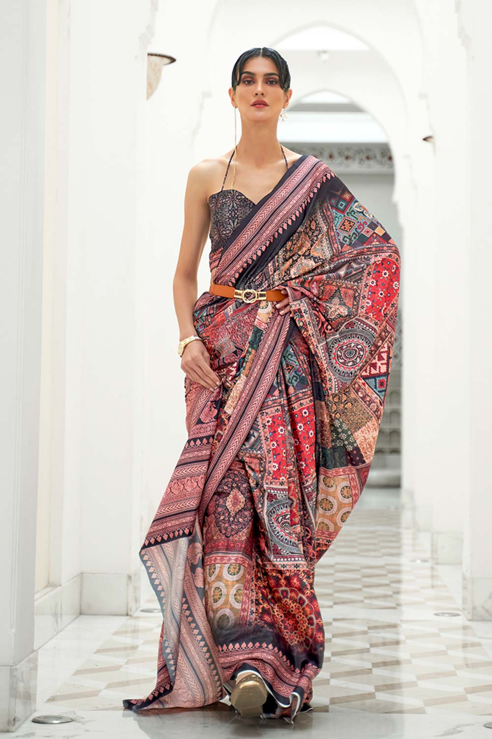 Multi Color Classic Digital Printed Crepe Silk Saree