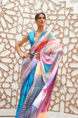 Blue Color Classic Digital Printed Crepe Silk Saree