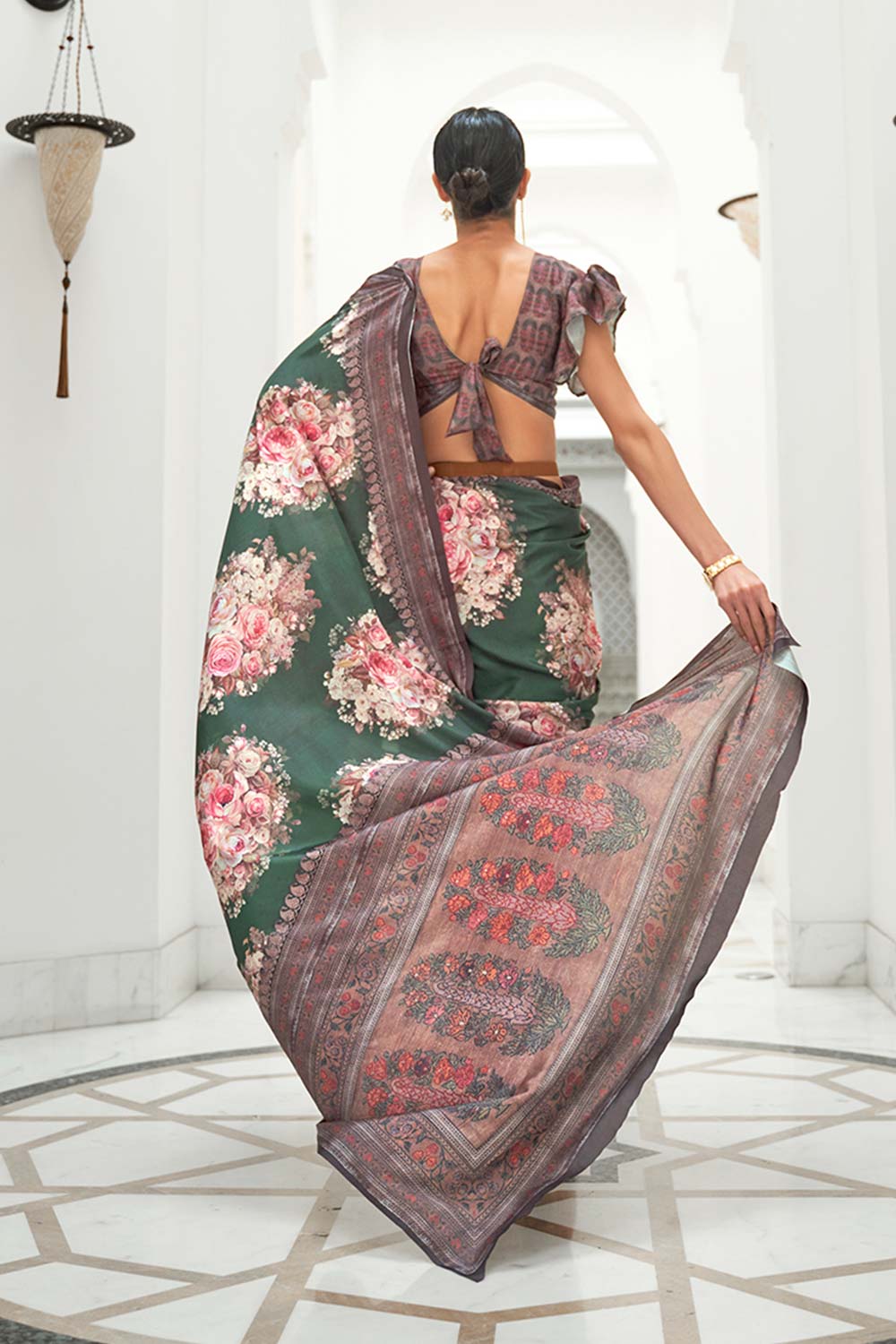 Dark Green Color Classic Digital Printed Crepe Silk Saree