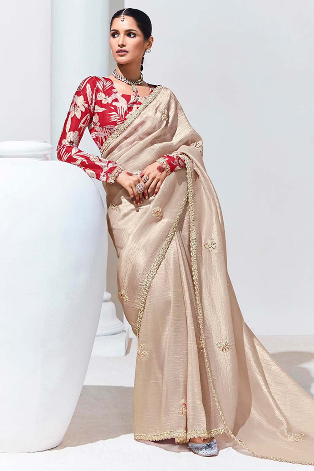 Cream Embroidered Sequence Work Saree For