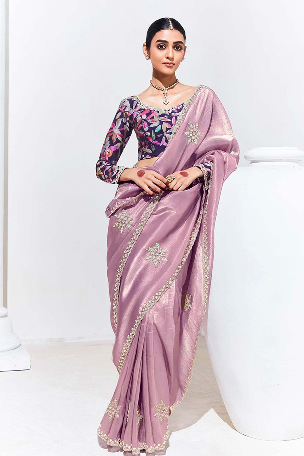 Onion Pink Embroidered Sequence Work  Saree For