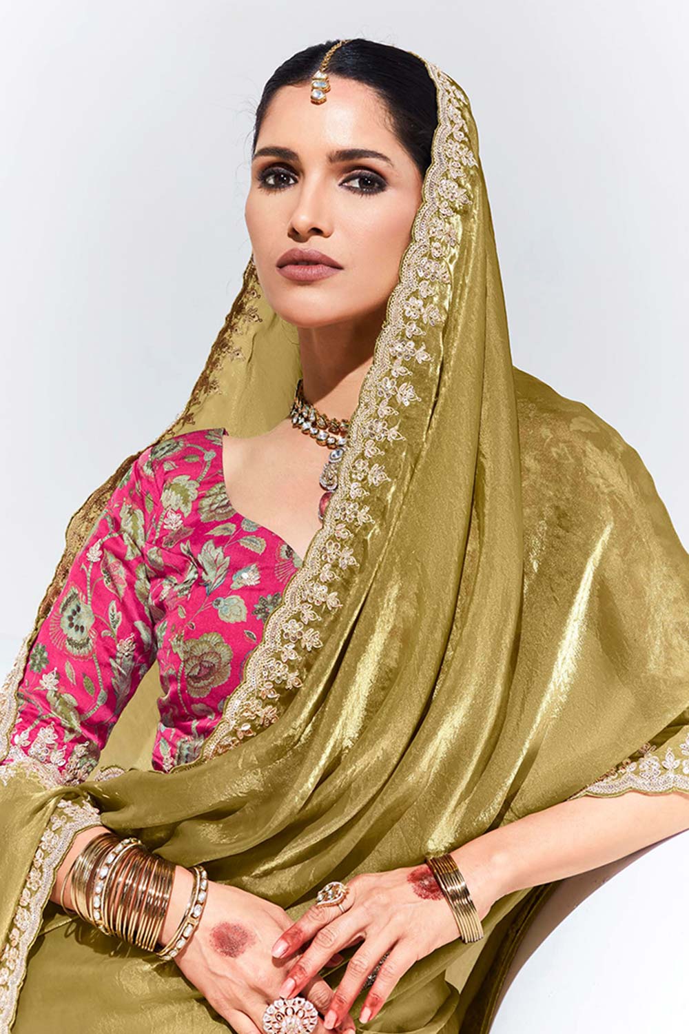 Olive Embroidered Sequence Work  Saree For