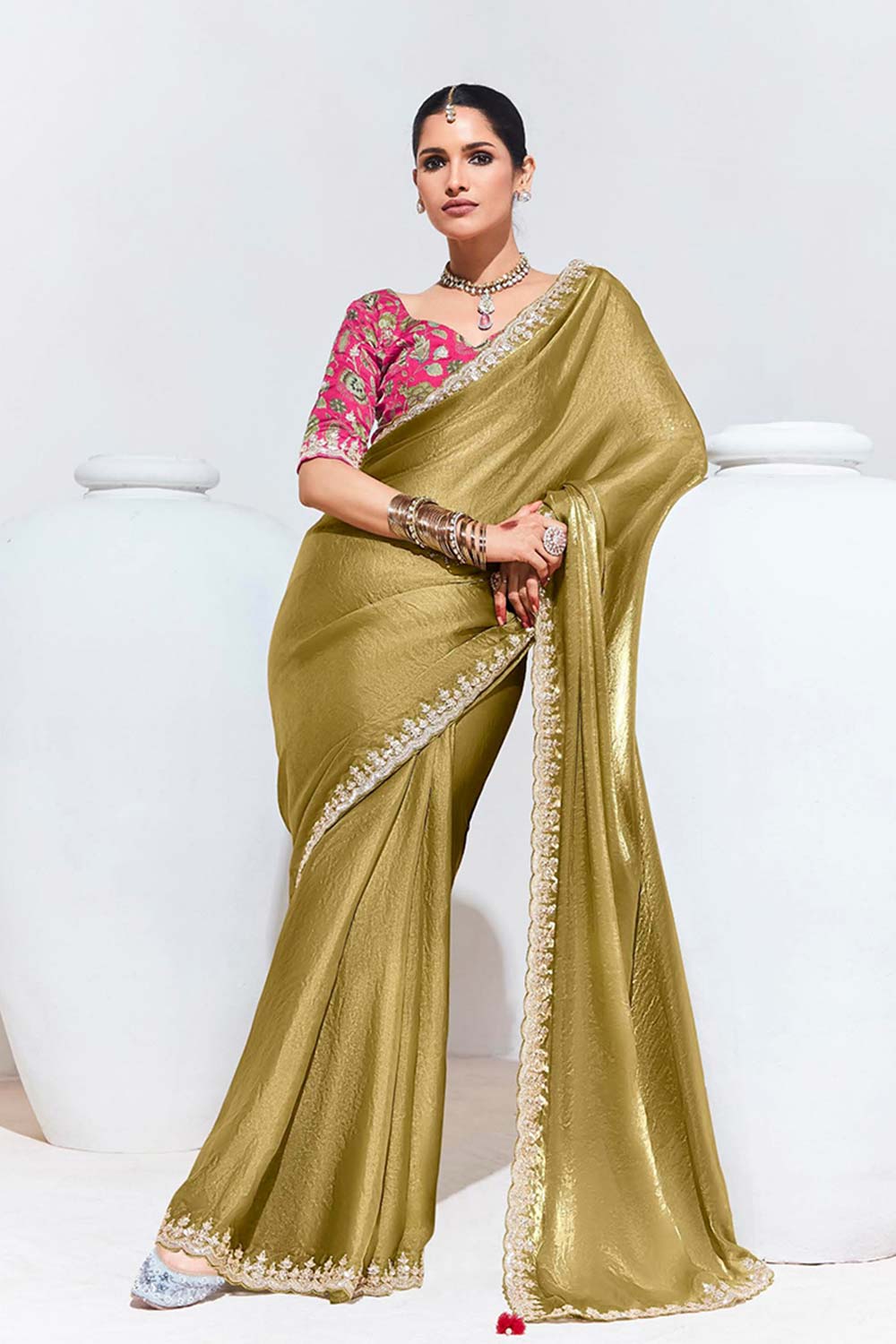 Olive Embroidered Sequence Work  Saree For