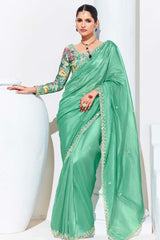 Light Cyan Embroidered Sequence Work  Saree For