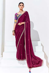 Plum Embroidered Sequence Work Saree For