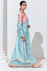 Sky Blue Embroidered Sequence Work  Saree For