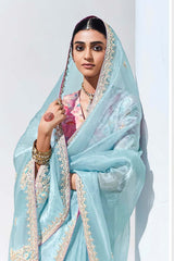 Sky Blue Embroidered Sequence Work  Saree For