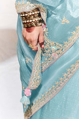 Sky Blue Embroidered Sequence Work  Saree For