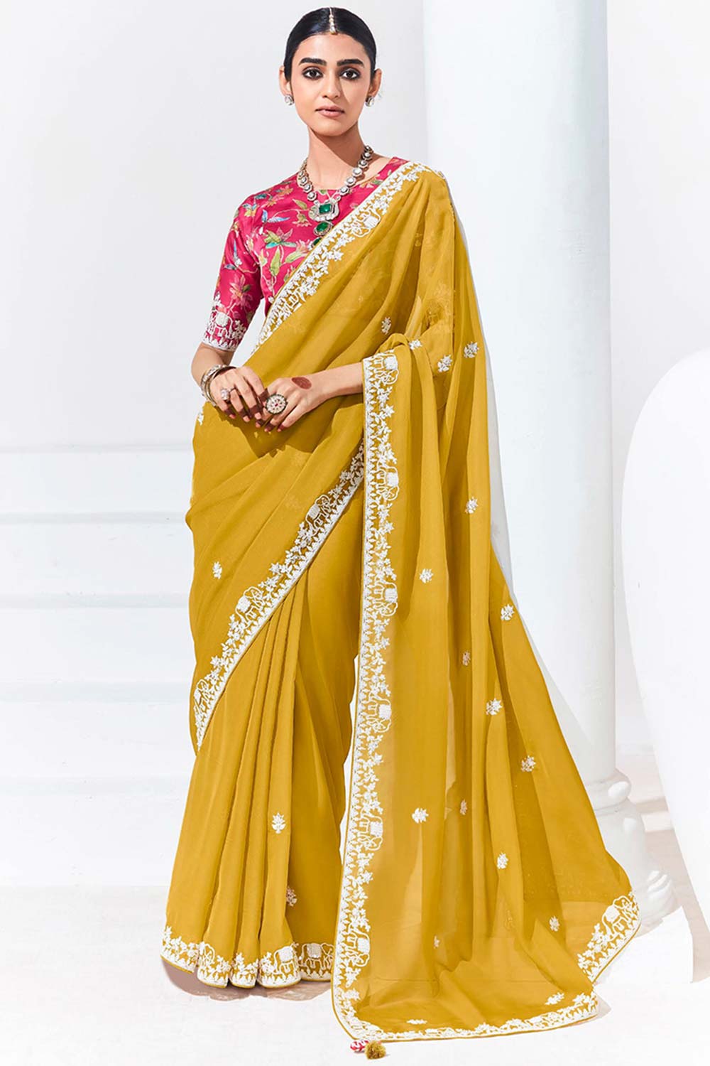 Mustard Embroidered Sequence Work  Saree For