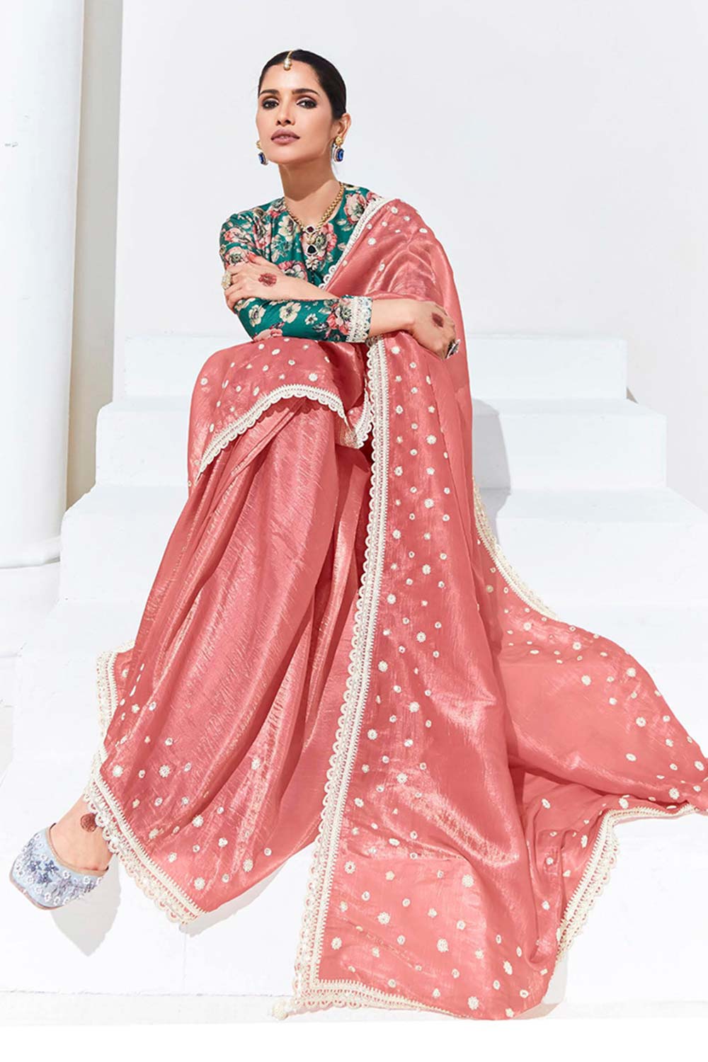 Peach Embroidered Sequence Work  Saree For