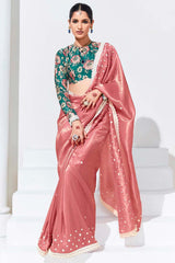 Peach Embroidered Sequence Work  Saree For