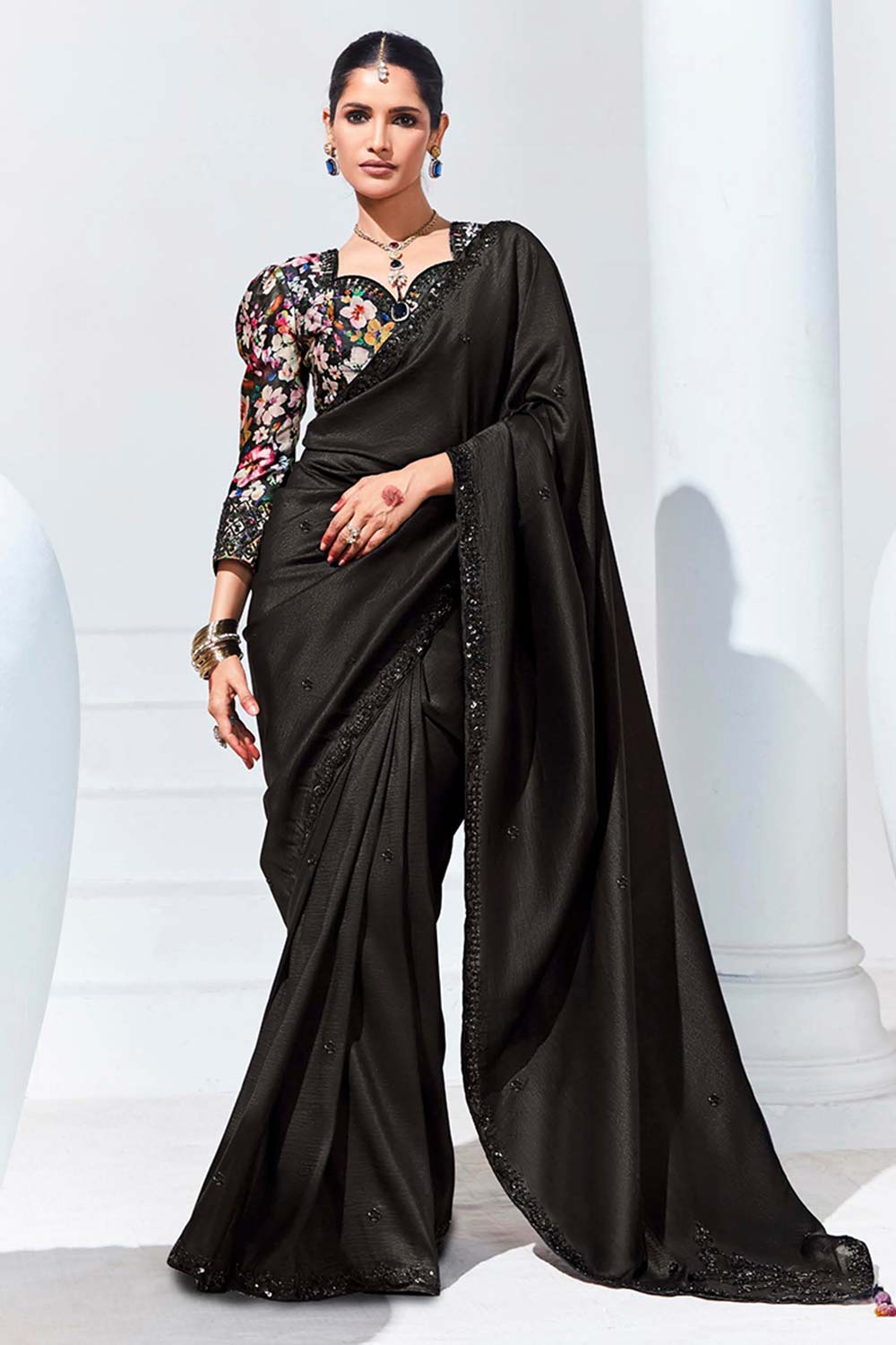 Black Embroidered Sequence Work  Saree For