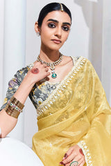 Light Yellow Embroidered Sequence Work  Saree For