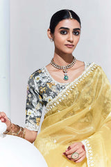 Light Yellow Embroidered Sequence Work  Saree For