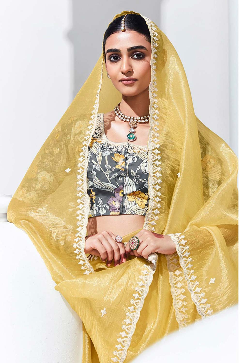 Light Yellow Embroidered Sequence Work  Saree For