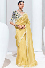 Light Yellow Embroidered Sequence Work  Saree For