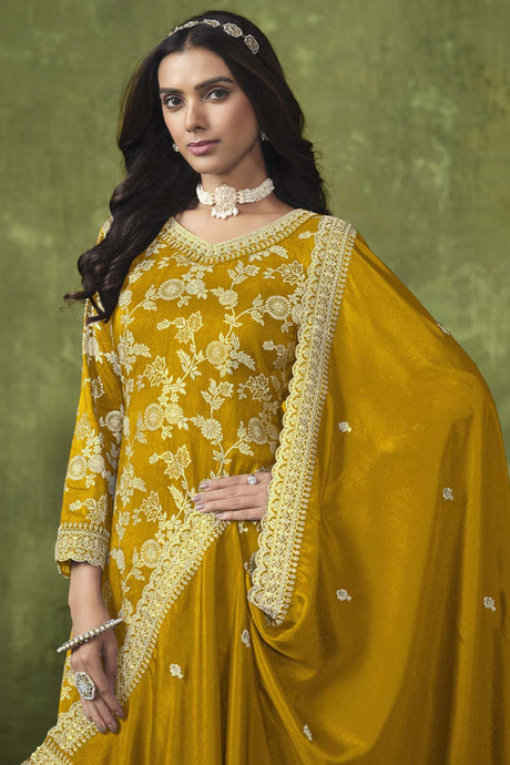 Mustard Chanderi Silk Embroidered Salwar Kameez