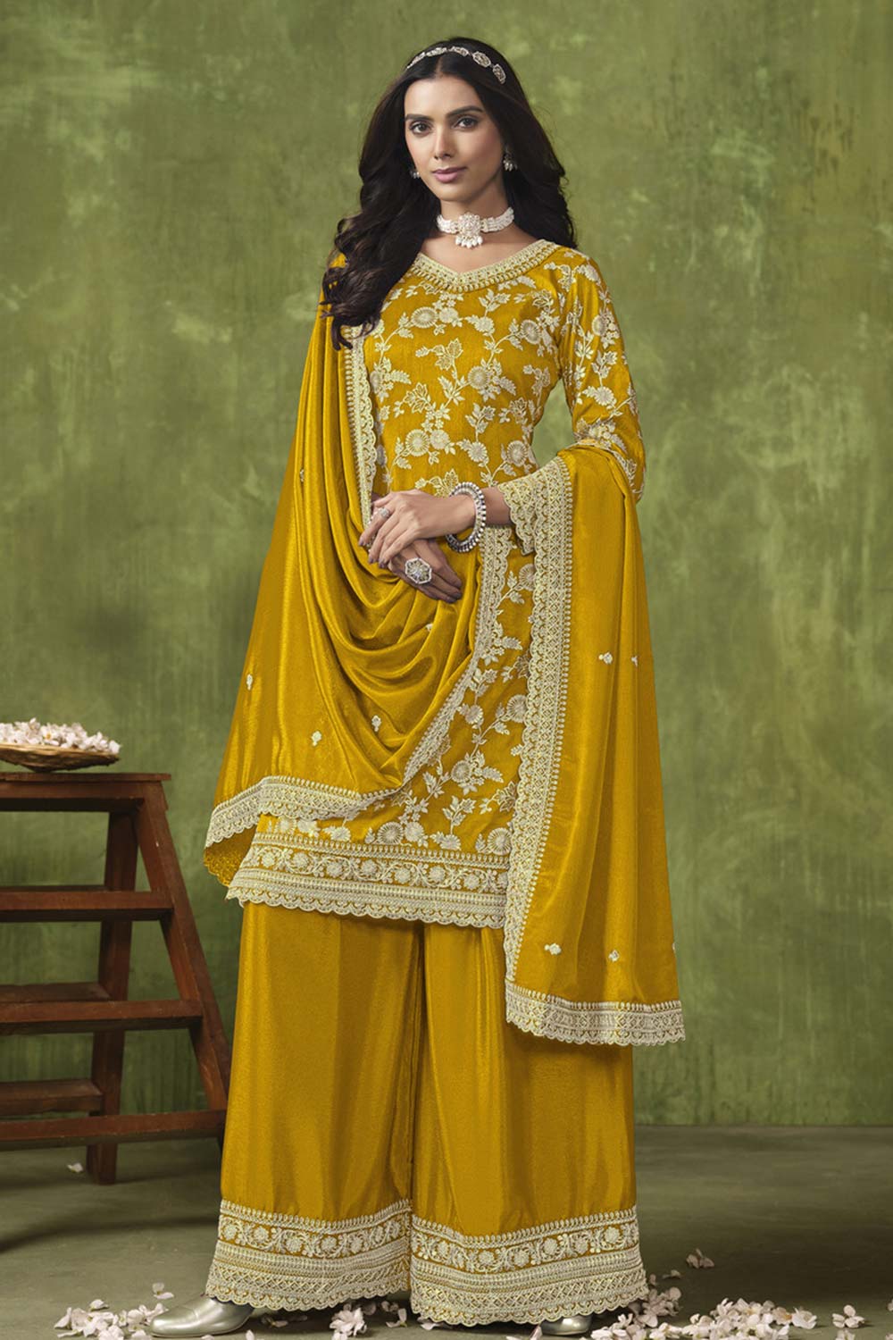 Mustard Chanderi Silk Embroidered Salwar Kameez