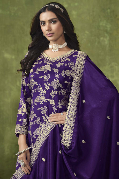 Purple Chanderi Silk Embroidered Salwar Kameez