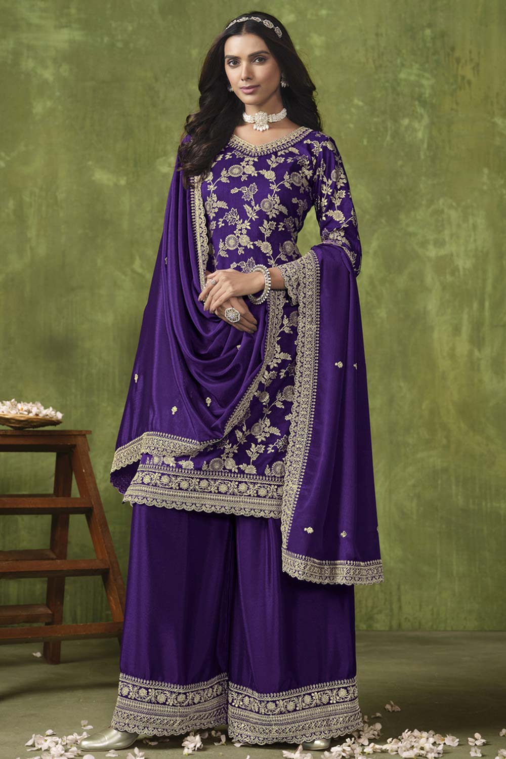 Purple Chanderi Silk Embroidered Salwar Kameez