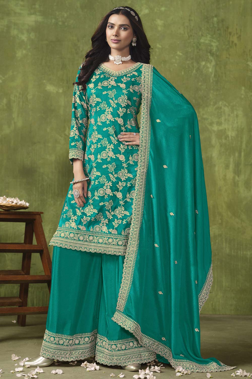 Sea Green Chanderi Silk Embroidered Salwar Kameez