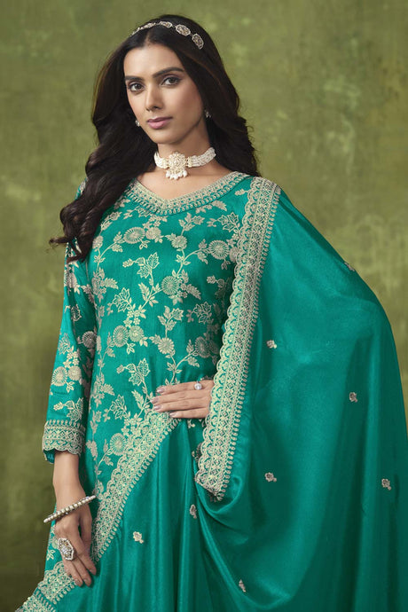 Sea Green Chanderi Silk Embroidered Salwar Kameez