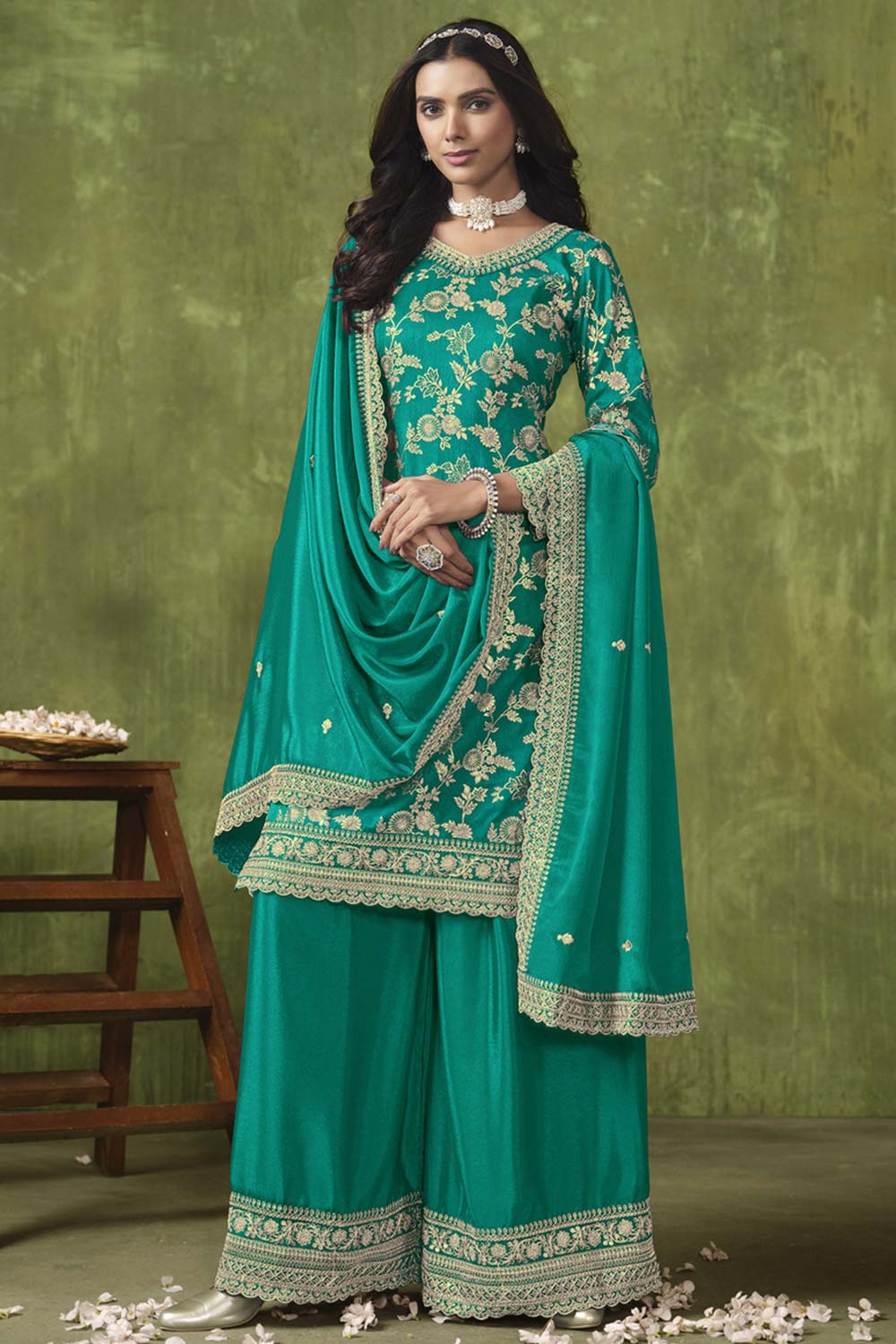 Sea Green Chanderi Silk Embroidered Salwar Kameez