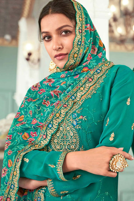 Sea Green Georgette Embroidered Salwar Kameez