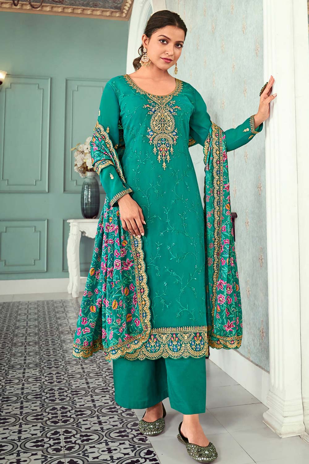 Sea Green Georgette Embroidered Salwar Kameez