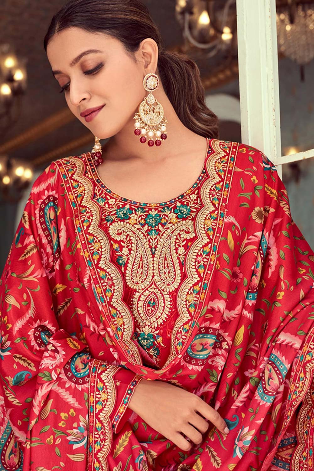 Red Georgette Embroidered Salwar Kameez