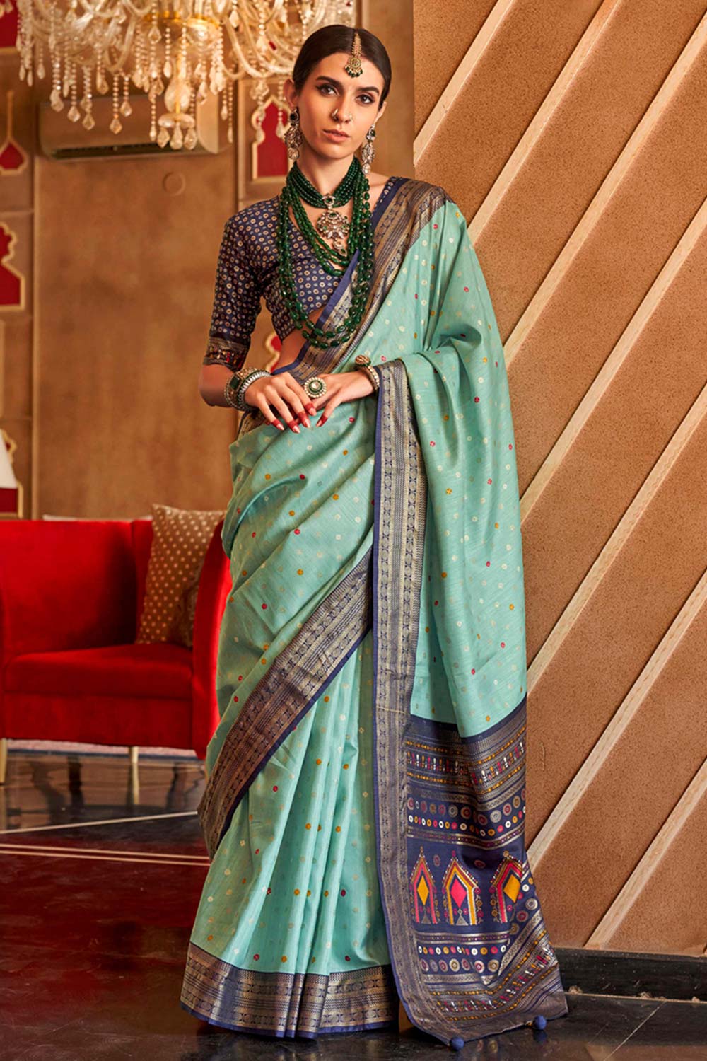 Turquoise Patola Silk Contemporary Saree With Unstitched Blouse