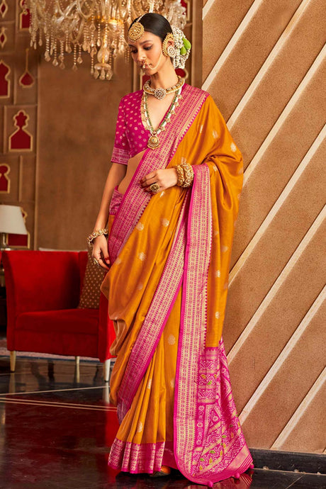 Mustard Patola Silk Contemporary Saree With Unstitched Blouse