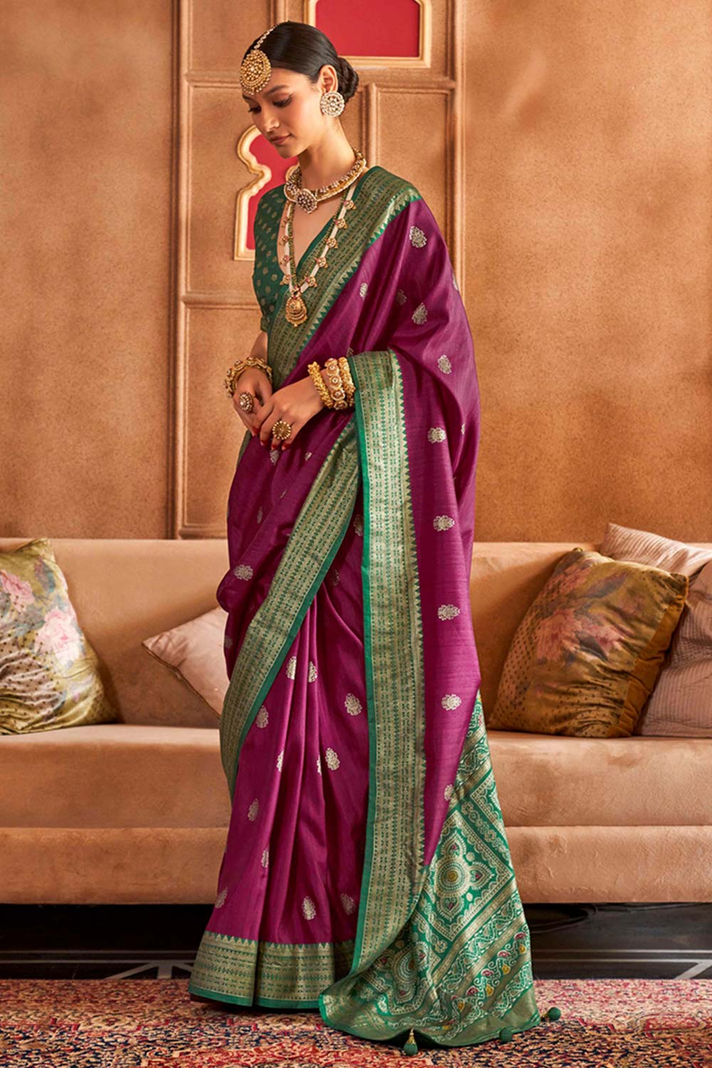 Plum Patola Silk Contemporary Saree With Unstitched Blouse