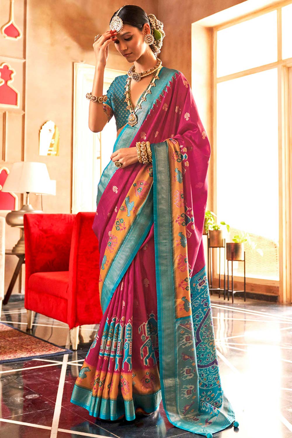 Hot Pink Patola Silk Contemporary Saree With Unstitched Blouse