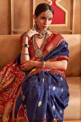 Navy Blue Patola Silk Contemporary Saree With Unstitched Blouse