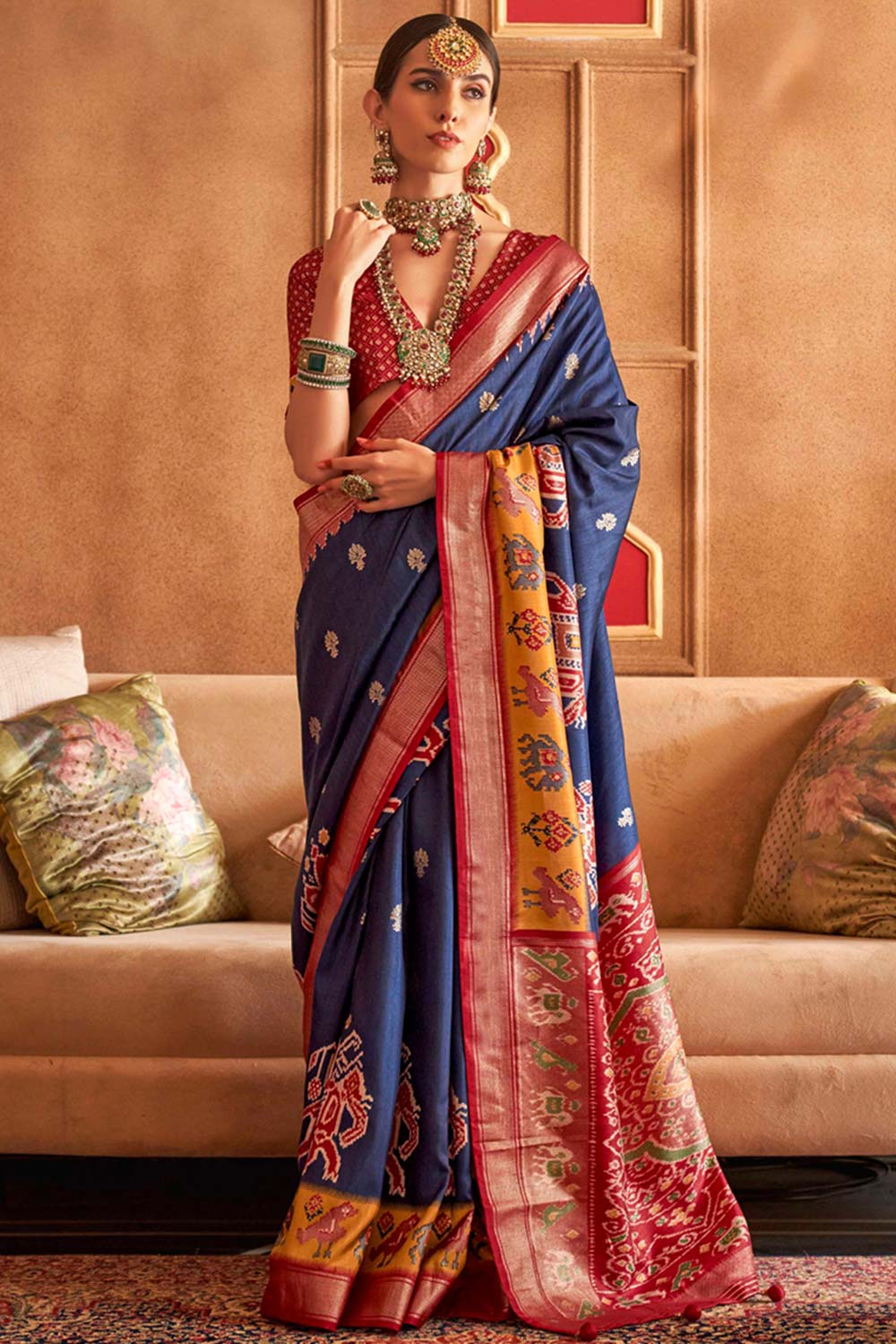 Navy Blue Patola Silk Contemporary Saree With Unstitched Blouse