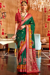 Green Patola Silk Contemporary Saree With Unstitched Blouse