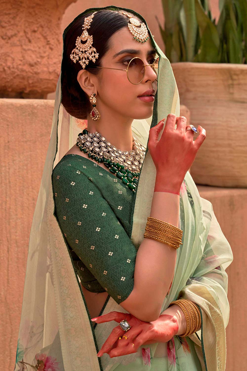 Organza Printed Light Green Contemporary Saree