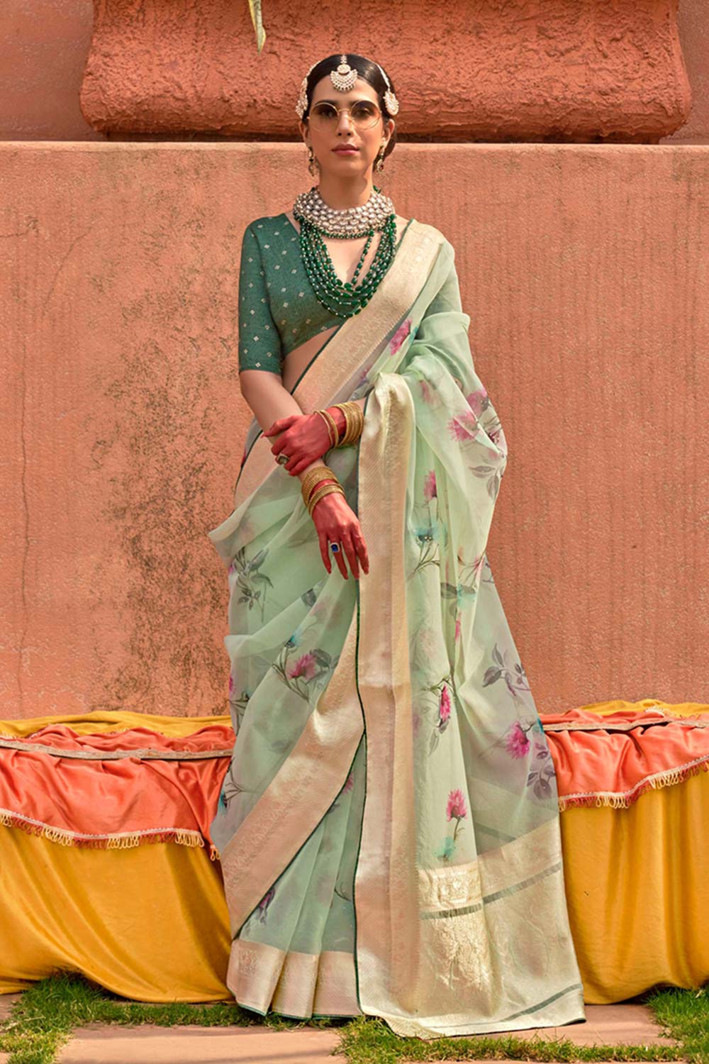 Organza Printed Light Green Contemporary Saree