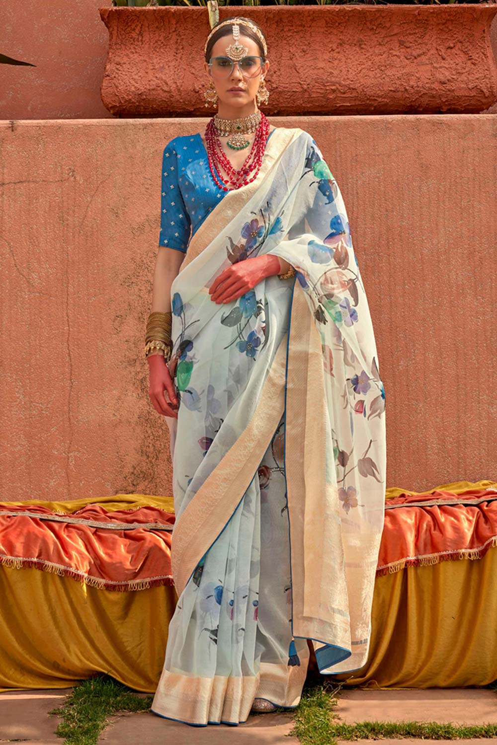 Organza Printed Aqua Blue Contemporary Saree