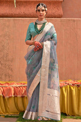 Organza Printed Blue Contemporary Saree