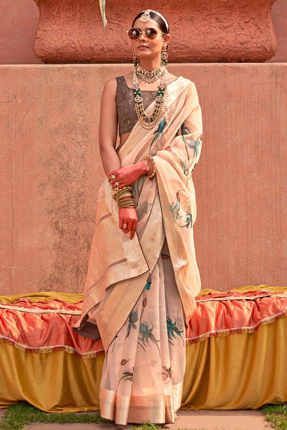 Organza Printed Cream Contemporary Saree