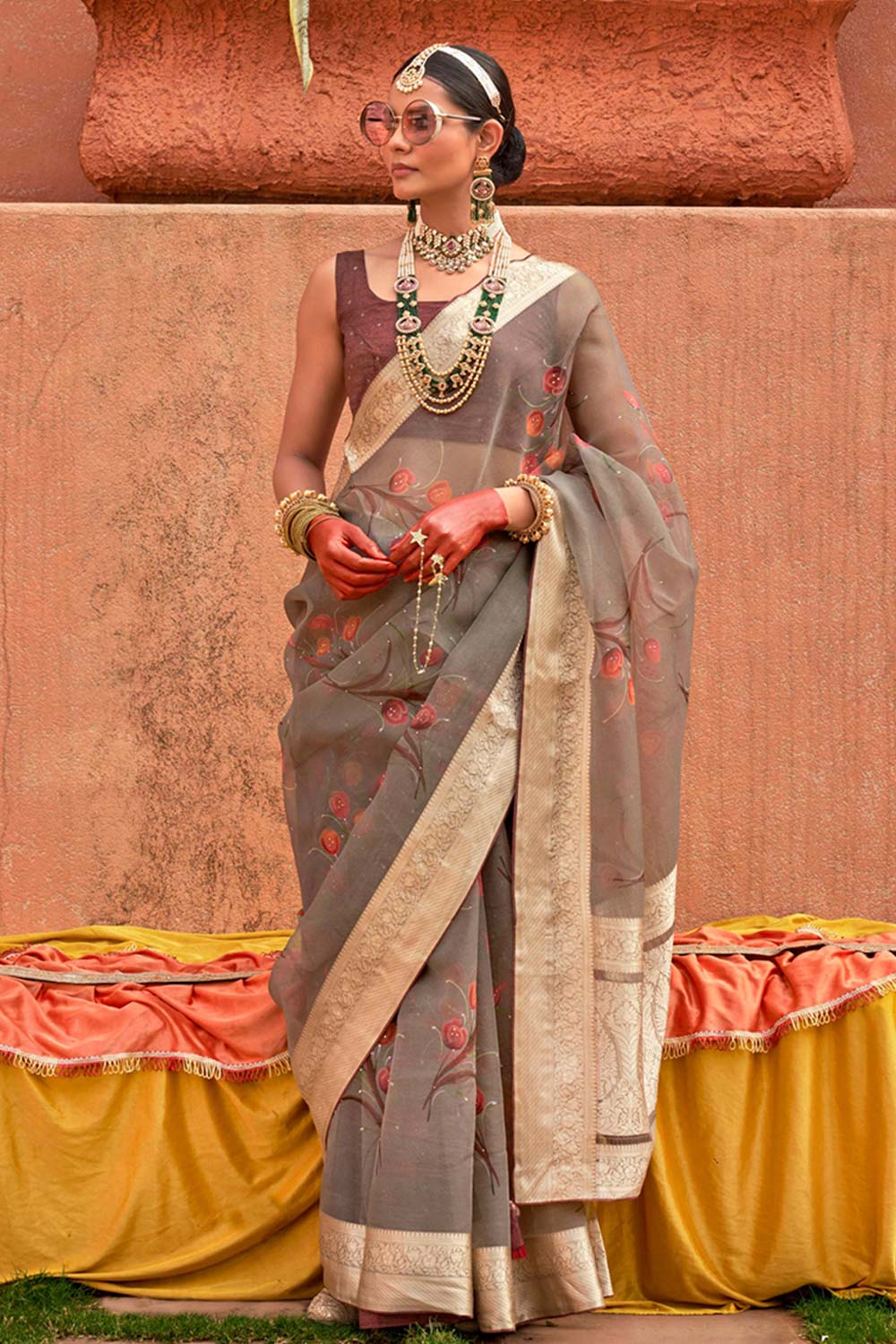 Organza Printed Grey Contemporary Saree