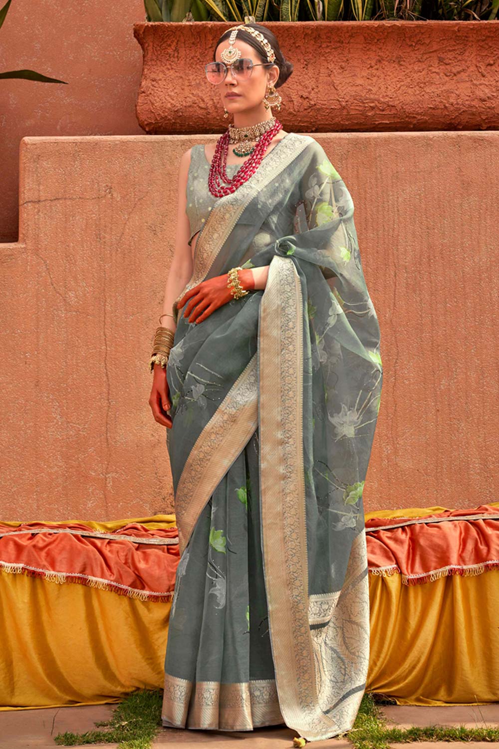 Organza Printed Sea Green Contemporary Saree