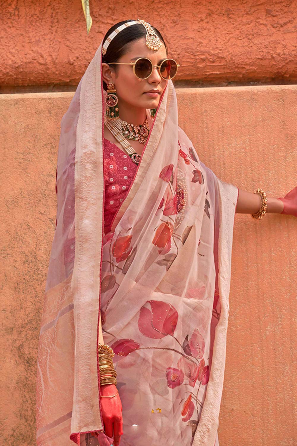 Organza Printed Light Pink Contemporary Saree