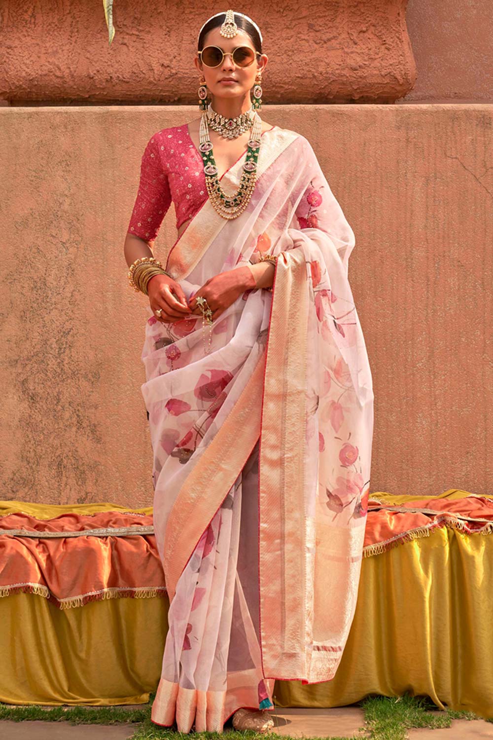 Organza Printed Light Pink Contemporary Saree