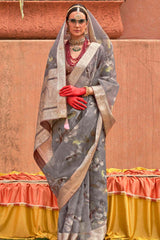 Organza Printed Grey Contemporary Saree