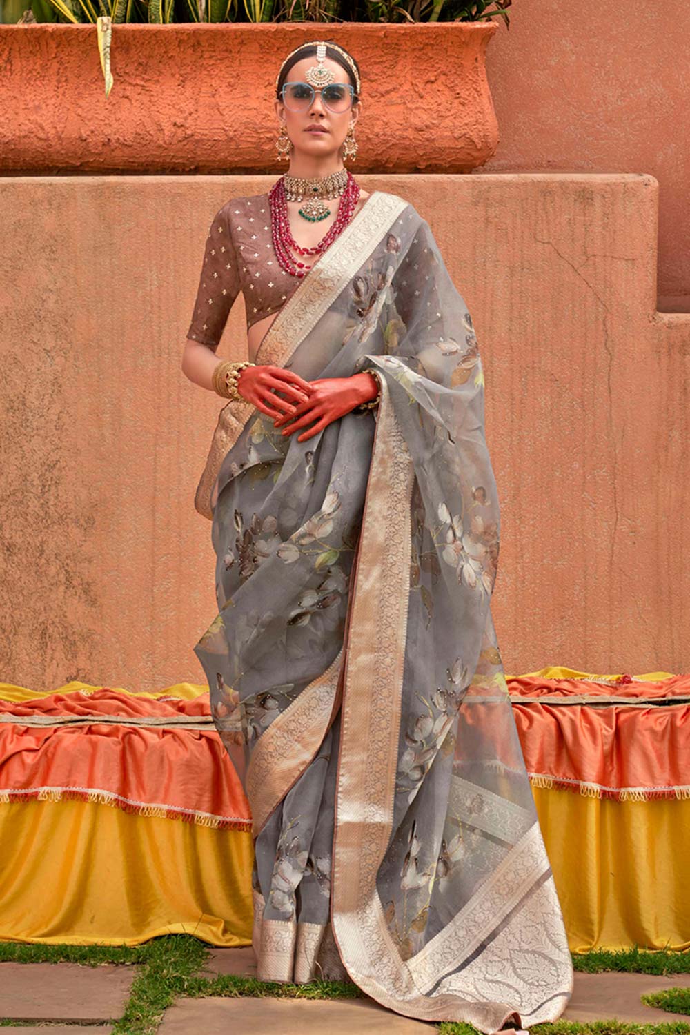 Organza Printed Grey Contemporary Saree