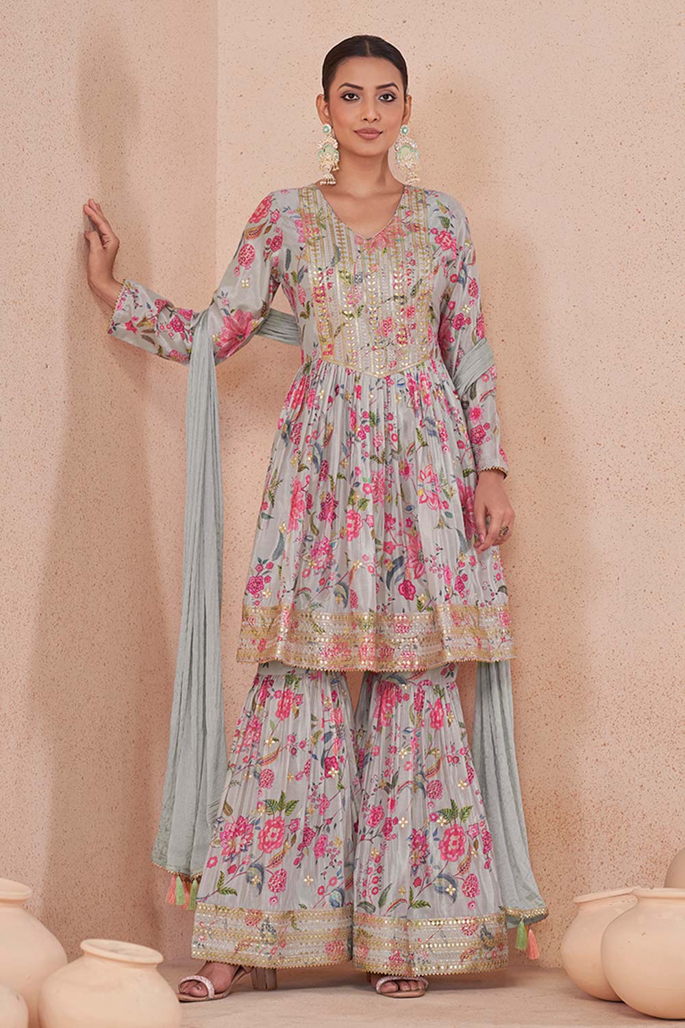 Grey Chiffon Embroidered Salwar Kameez