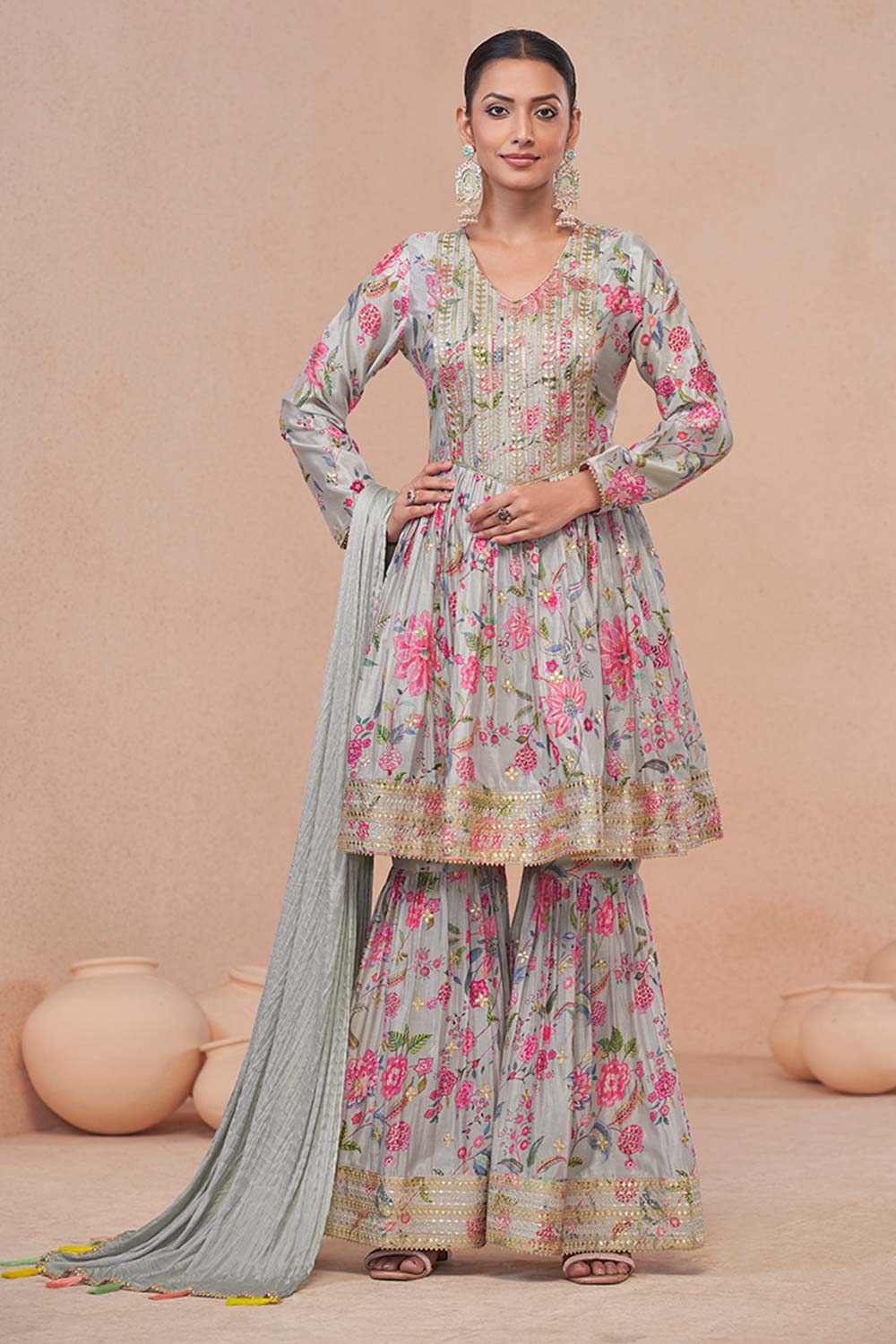 Grey Chiffon Embroidered Salwar Kameez